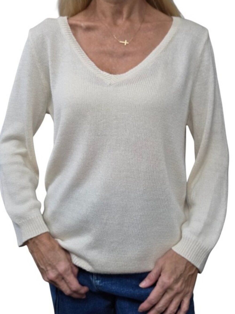 Lauren Ralph Lauren Cream 80% Silk Cotton V Neck Sweater L